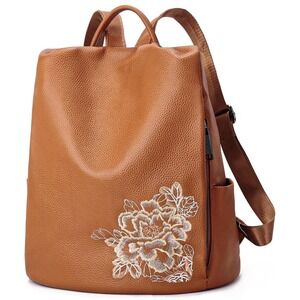 BOYATU Backpack Womens One Size Brown Faux Leather Floral Embroidered Anti Theft